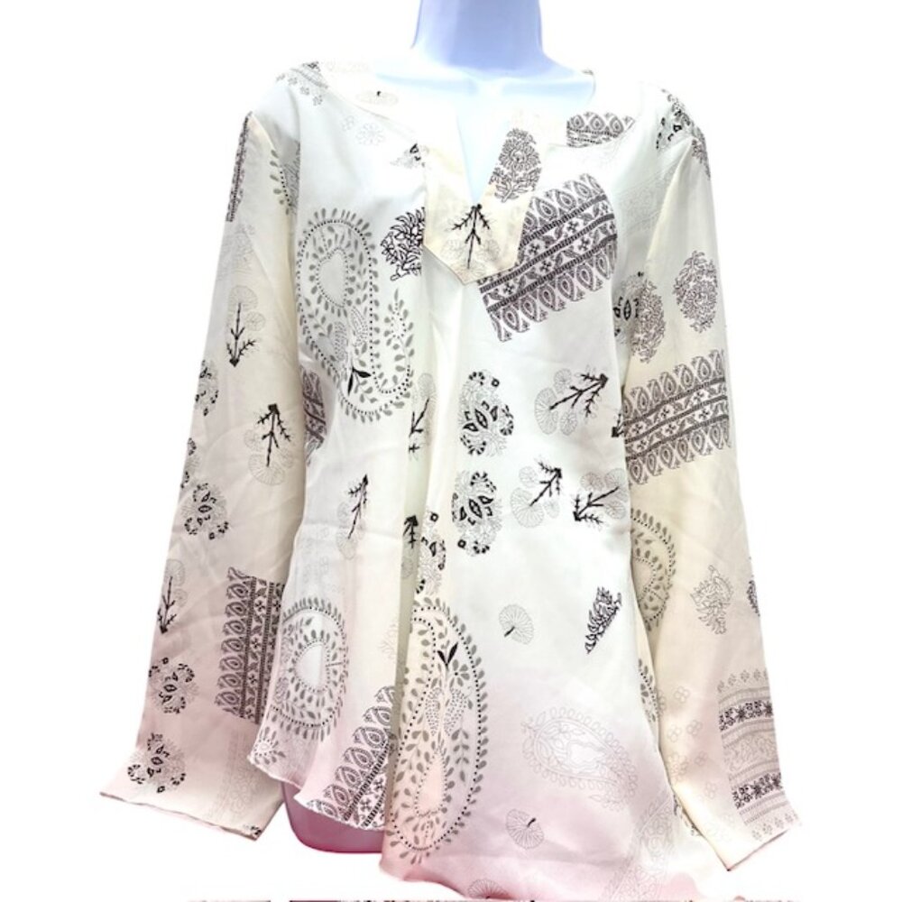 Fred David & Only Nine Blouse  XL V-Neck  pink Ivery  Flora Long Sleeve(#54 - Picture 2 of 10